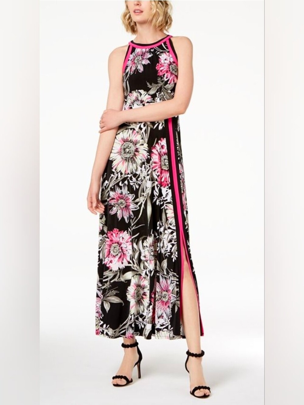 INC Black And White W/Pink Floral Halter Neckline Maxi Dress Flowy Womens P/P - Picture 1 of 6